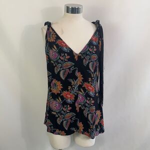 Equipment black floral print with fringe belt tank top